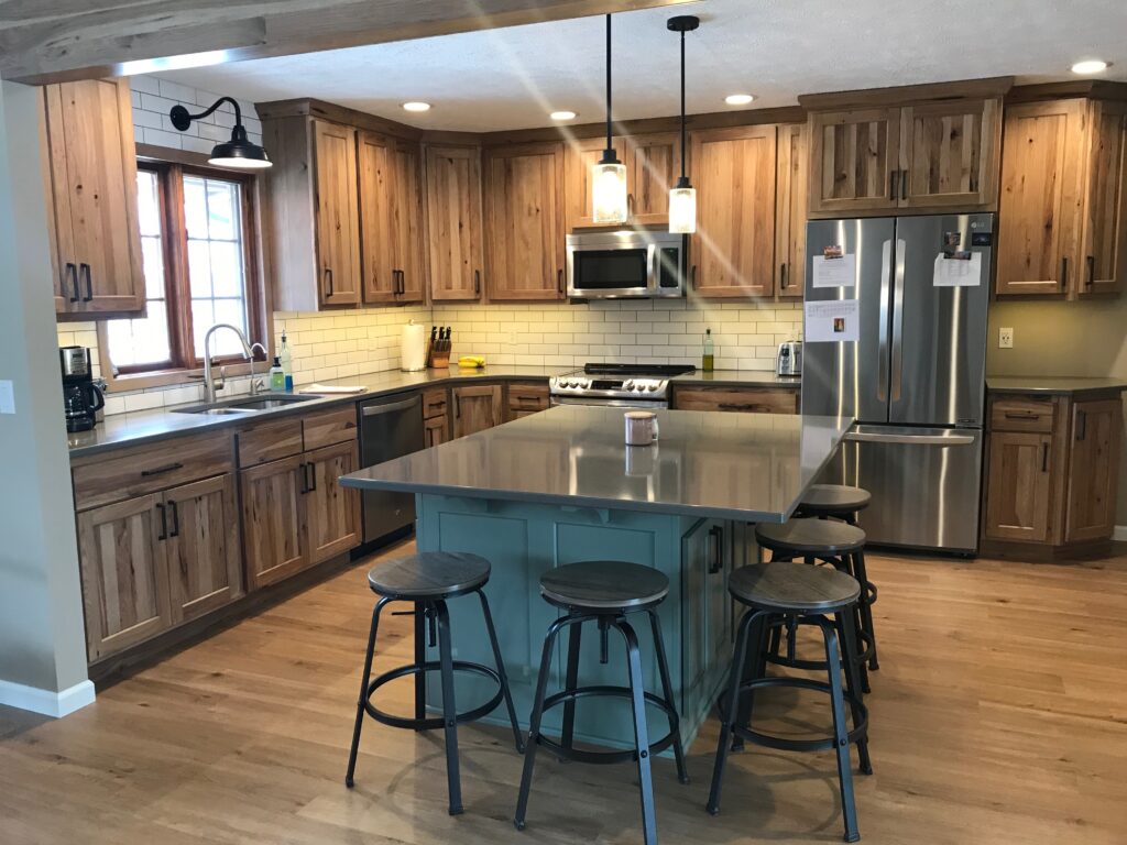 Rustic Hickory Kitchen With Painted Island